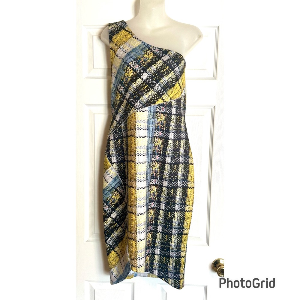 Project RUNWAY Yellow and Black Plaid Asymmetrical One Shoulder Dress